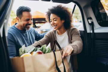 Couple loading fresh groceries into the trunk of their car