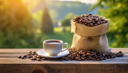 coffee beans and cup of coffee with a beautiful country side view