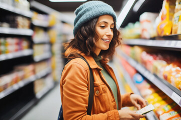 Young woman shopping in the frozen food aisle at a grocery store - obrazy, fototapety, plakaty