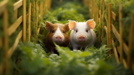 A pair of curious guinea pigs exploring a miniature maze.