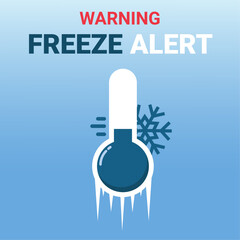 Freeze alert warning for low temperatures. Frozen thermometer with snowflake and gradient background. Vector illustration.