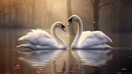 A pair of elegant swans gliding gracefully on a tranquil lake.