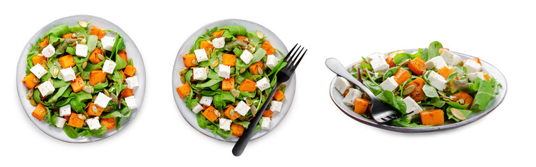 Pumpkin Salad with Arugula, Feta, and Pumpkin Seeds, Salad Mix with Roasted Pumpkin, Autumn Salad, White Background