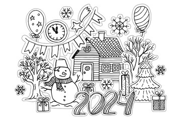 Christmas coloring book with a snowman house and gifts.