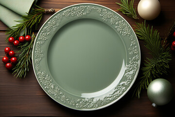 festive table setting, top view. Christmas atmosphere, new year. green dishes and decor. an empty plate.