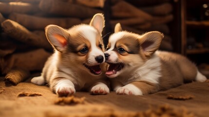 A pair of energetic corgi puppies engaged in a playful wrestling match on a soft rug.