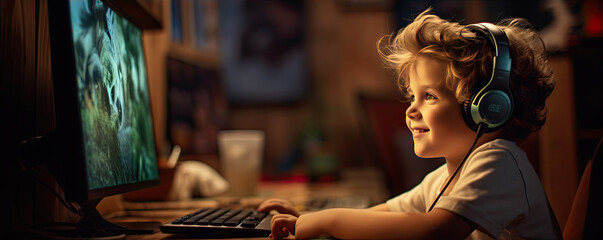 A young boy enjoying computer game.