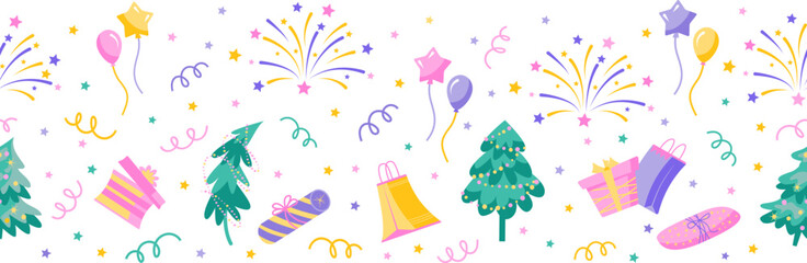 Winter holidays seamless border with Christmas tree, gift boxes, balloons and fireworks. Vector color isolated illustration.