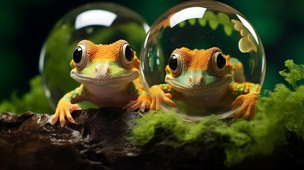 A pair of inquisitive geckos clinging to a glass terrarium, their eyes reflecting curiosity.