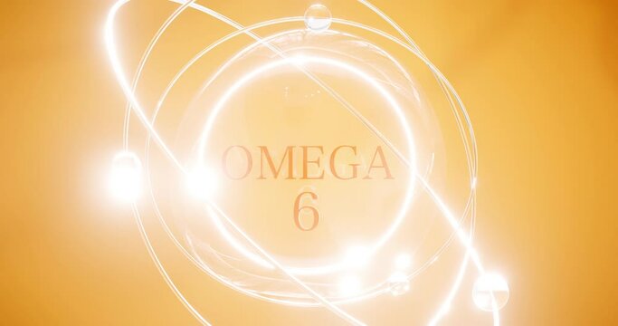 omega 6 icon in a shining sphere with atoms and orbits spinning around, the concept of protection by fatty or polyunsaturated acids 
