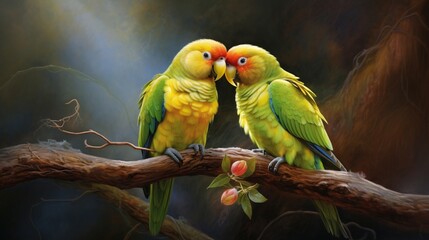 A pair of lovebirds nestled together on a perch, sharing a tender moment of beak-to-beak affection.