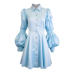 Shirt dress, fitted at the waist, balloon cut sleeves. Baby blue color, with white buttons