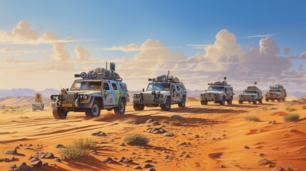 A convoy of off-road vehicles lined up in the desert, ready for an adventurous expedition into the arid landscape