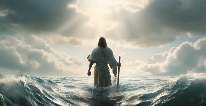 Jesus Christ walking on a water. Jesus. Christianity Concept. Jesus Christ in the sea with stormy sky background. Jesus. Christianity Concept. 