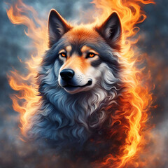 Fototapeta premium Illustration loup,flammes