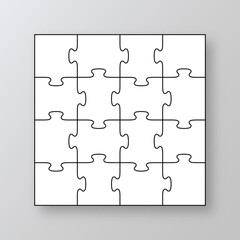 Jigsaw outline grid. Cutting template with 16 details. Mosaic silhouette. Scheme of thinking game. Modern background with separate shapes. Square puzzle pieces grid. Simple frame tiles. Vector