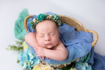 Fototapeta na wymiar Cute newborn baby in a basket. Newborn girl in a wreath with flowers. Newborn's first photo session
