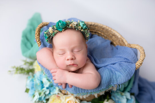 Cute newborn baby in a basket. Newborn girl in a wreath with flowers. Newborn's first photo session