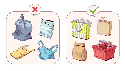 Various shopping bags. Right and wrong choices for shopping bags. Plastic or eco bag. Protection of nature and environment. Cartoon style. Funny vector illustration. Isolated on white background. Set