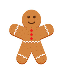 Gingerbread man. Xmas biscuit isolated on white background. Classic Christmas cookies. Noel holiday sweet dessert. Cute ginger bread character in flat cartoon design. Vector illustration.