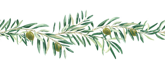 Horizontal olive branch watercolor seamless border pattern. Green olives. Hand drawn botanical illustration. Can be used for fabric, kitchen textile, packaging prints, frames, adhesive tape and paper - obrazy, fototapety, plakaty
