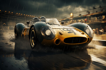 Vintage racing car driving on a wet track. Concept set in a dramatic, cinematic style with a dark and stormy sky in the background, with motion blur to the track and splashing water - obrazy, fototapety, plakaty