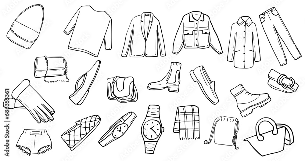 Wall mural set of hand drawn vector ink fashion clothes accessories shirt, coat, watch, shoes, bag