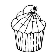 Linear sketch, doodles of themed holiday baking muffins for Halloween. Vector graphics.