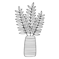 Linear sketch of indoor plants, tropical leaves in a flowerpot.Vector graphics.