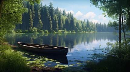 A peaceful lakeside scene with a rowboat anchored, surrounded by lush greenery and a serene...
