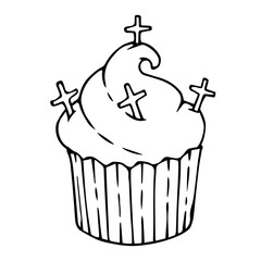 Linear sketch, doodles of themed holiday baking muffins for Halloween. Vector graphics.