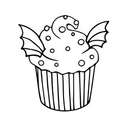 Linear sketch, doodles of themed holiday baking muffins for Halloween. Vector graphics.