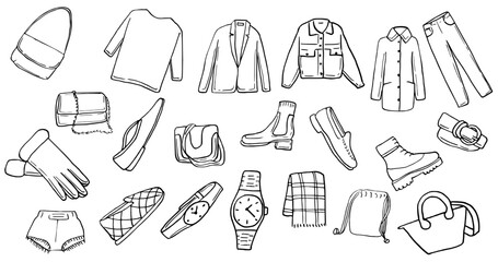 set of hand drawn vector ink fashion clothes accessories shirt, coat, watch, shoes, bag