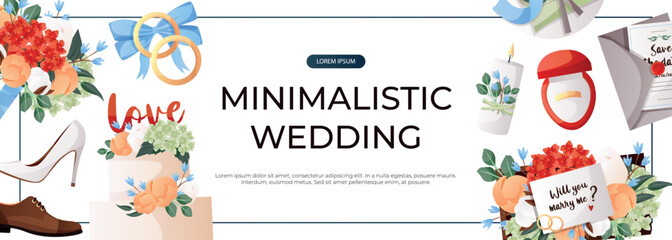 Promo banner with cake with flowers, bride groom engagement ring, proposing card. Wedding day accessories, decorations. Celebrate marriage, save the date ceremony for poster, cover, advertising