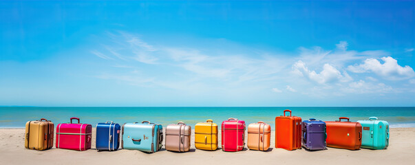 A many travel lagguage different colours on the beach.