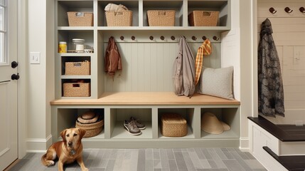 A pet-friendly mudroom with built-in cubbies for leashes and toys, a designated washing station, and a cozy pet bed.