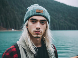 GenX Grunge Man in a Stocking Hat, Plaid Shirt Long Blonde Hair Outside Lake Mountain Forest Background
