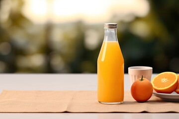 Bottle of orange juice mockup with fresh oranges near it placed on a kitchen table - obrazy, fototapety, plakaty
