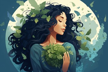 Vector illustration of a girl in a green dress sitting in the grass.  Love for nature. Caring for nature