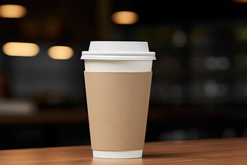 Paper takeaway beige coffee cup mockup in a cafe setting