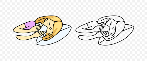 Sick girl or child blowing her nose or sneezing into handkerchief, graphic design. Disease, illness, sickness, virus and treatment, vector design and illustration