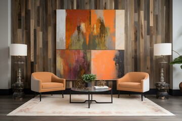 Enhance your space with a vibrant wooden backdrop and architectural art on the wall. Generative AI