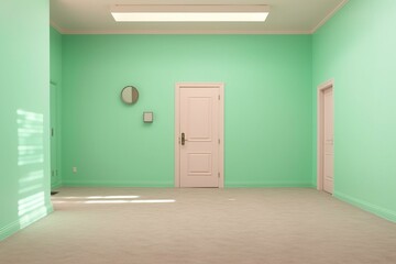 A vacant mint-colored space featuring a door that slides horizontally. Generative AI