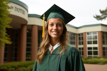 Smiling Graduate Woman in Green Cap and Gown Outside the College Campus