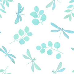 gentle green silhouettes of dragonflies and leaves, seamless pattern on a white background