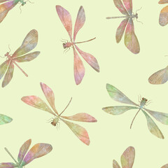 delicate dragonflies drawn in watercolor on a light green background, seamless pattern for wrapping paper design