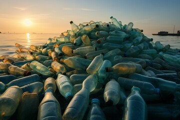 Obraz premium Plastic waste on the beach. Pollution environment concept.