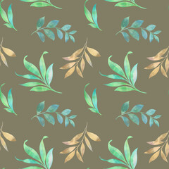 green and brown leaves on branches, seamless pattern, abstract background for wallpaper, packaging, print, textile