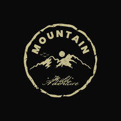vintage retro classic rustic hipster of sun sunrise sunset mountain hill peak rocky ice top mount landscape nature view silhouette with circle rounded shield label stamp badge emblem patch logo design
