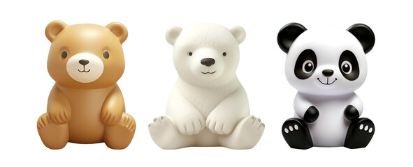 3D Rendered Plastic Bath Toys for Kids: An Adorable Set of Polar Bear, Panda, and Grizzly Bear Banner, Isolated on Transparent Background, PNG